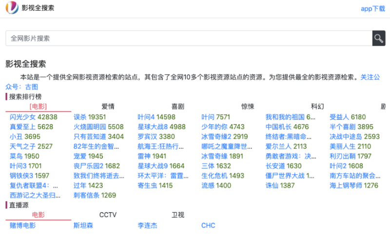 影视全搜索-提供全网m3u8影视资源检索-直播源整理等-爱分享资源网