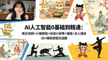 AI人工智能0基础到精通：美女视频+猫咪做饭+动漫故事+福娃+古人健身-5大爆款类型手把手教学（附实操教程）-爱分享资源网
