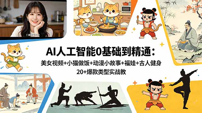 图片[1]-AI人工智能0基础到精通：美女视频+猫咪做饭+动漫故事+福娃+古人健身-5大爆款类型手把手教学（附实操教程）